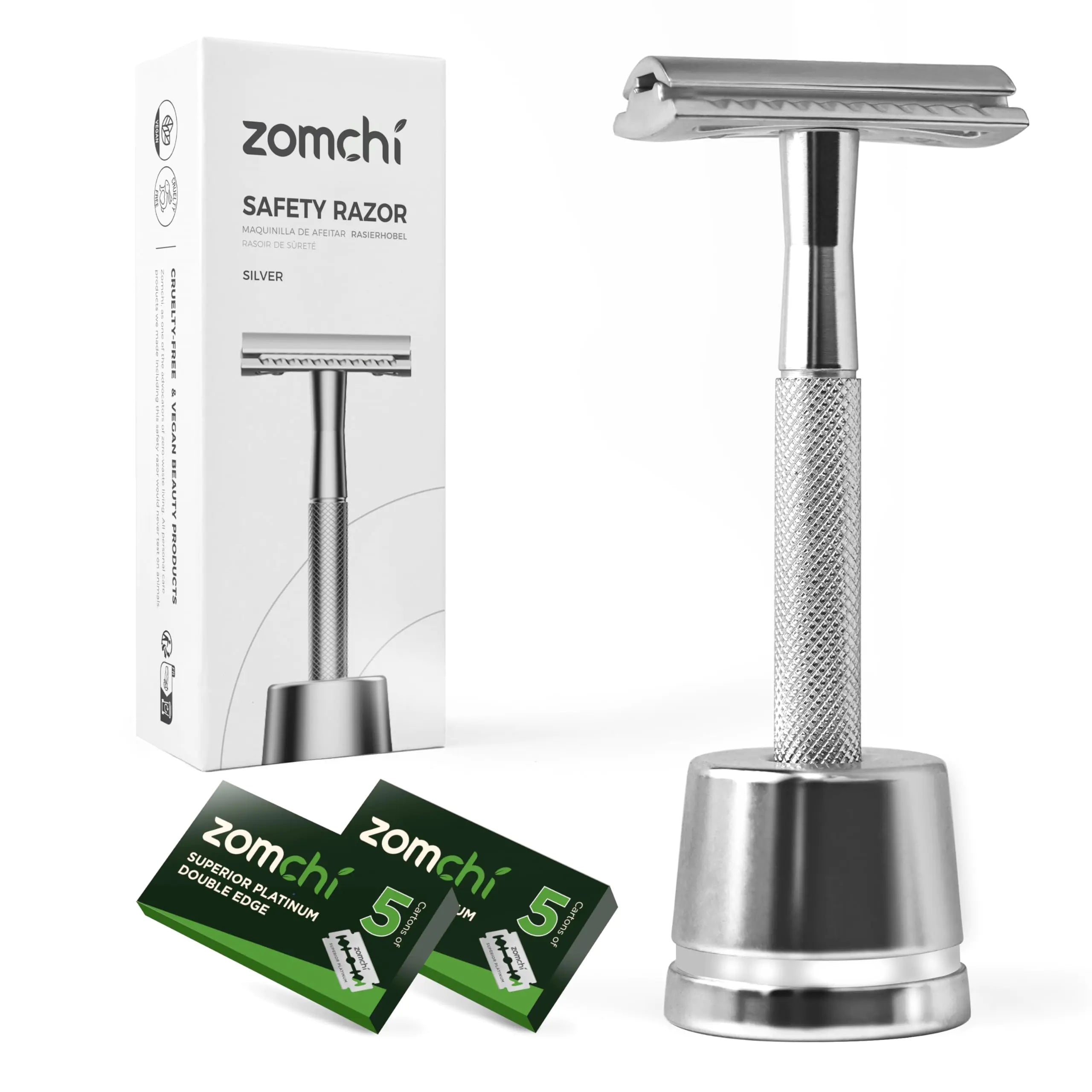 ZOMCHI DE Safety Razor with 10 Safety Razor Blades Reusable Metal Razor for Men & Women with Razor Stand Plastic Free Razors - Silver